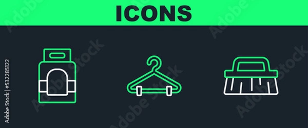 Obraz Set line Brush for cleaning, Laundry detergent and Hanger wardrobe icon. Vector