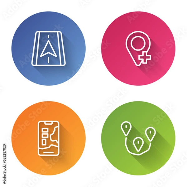 Fototapeta Set line City map navigation, Location, and Route location. Color circle button. Vector