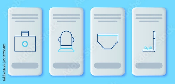 Obraz Set line Buoy, Swimming trunks, First aid kit and Snorkel icon. Vector