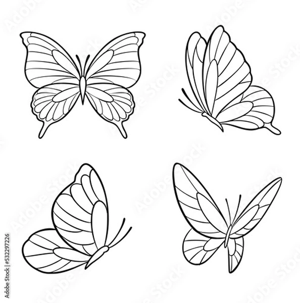 Fototapeta Simple butterfly black and white outline vector SVG line art