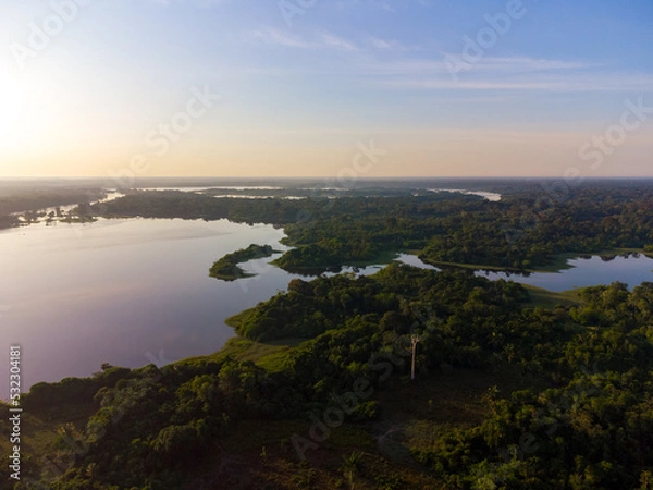 Fototapeta Aerial view of Igapó, the Amazon rainforest in Brazil, an incredible green landscape with lots of water and untouched nature at sunset time