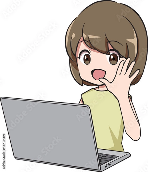 Obraz パソコン前で呼びかける女性