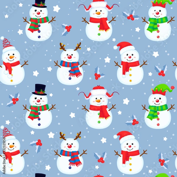 Fototapeta Christmas seamless pattern with snowmen and holly. Colorful winter backdrop with stars and snow. Vector New year cartoon background.