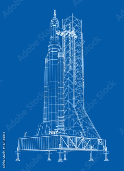 Fototapeta Space Rocket on launch pad. Vector rendering of 3d