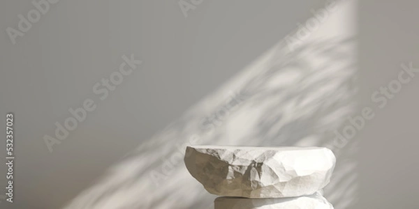 Fototapeta 3d cosmetic background. stone podium with shadow nature light white background for product presentation. 3d rendering illustration.
