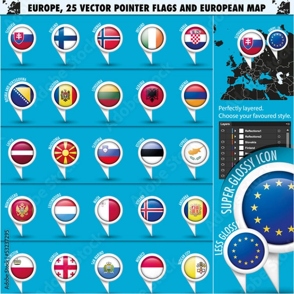 Obraz European Icons Round Indicator Flags and Map Set2