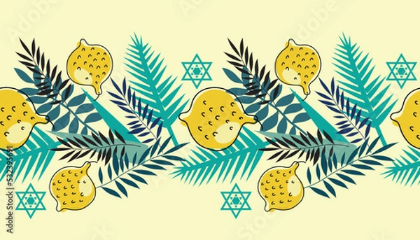 Fototapeta Happy Sukkot border seamless pattern template background . Jewish Feast of Tabernacles with sukkah, lemon, etrog, lulav, Arava, Hadas  Vector icon illustration