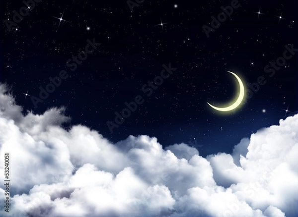 Fototapeta Nightly sky with white fluffy clouds