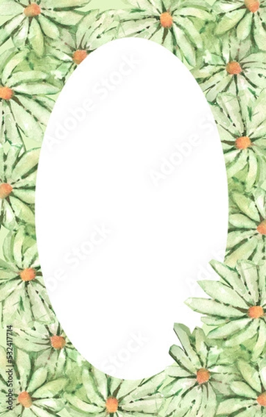 Fototapeta Watercolor branch with a frame of daisies. design. Greeting card border. Hand painted illustration isolated on white background