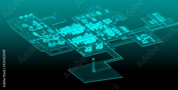 Fototapeta Scheme of the LNG plant in neon tones. 3d-rendering