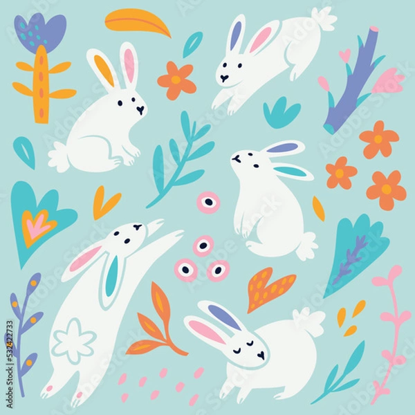 Fototapeta Collection of white rabbits, flowers and leaves in flat vector