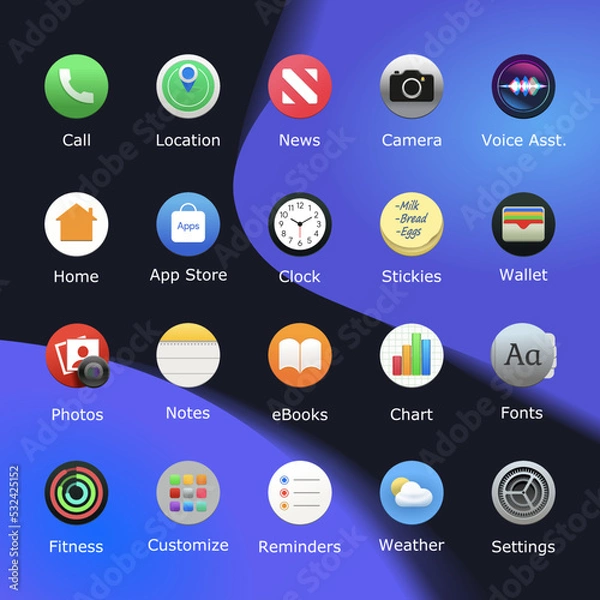 Obraz Round icons for web and mobile applications set. Desktop icon pack. Premium smartphone app shortcuts. Customize theme. Vector illustration.