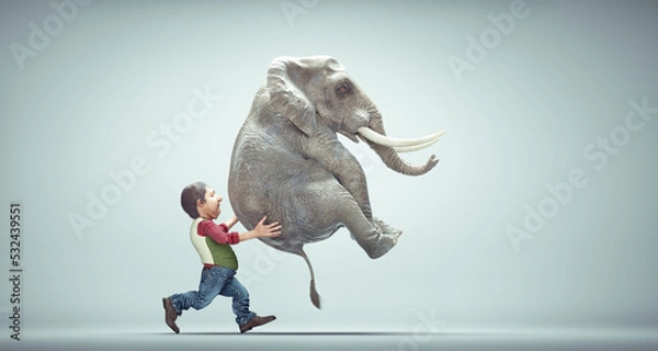 Fototapeta Old man carries an elephant. Difficult task and ambition concrpt.