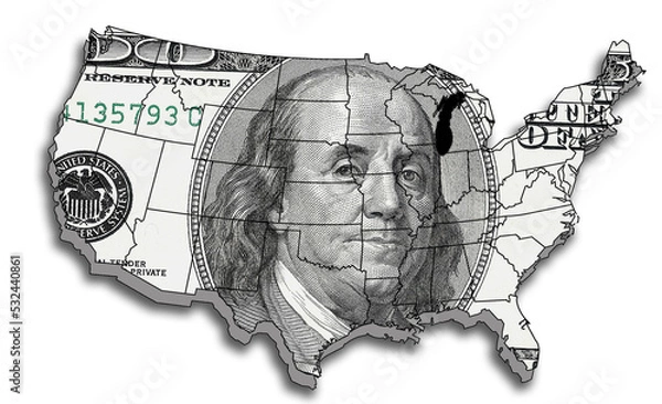 Fototapeta US map with US presidents portraits from US dollars. Macro view of USA paper money. Close-up USA money