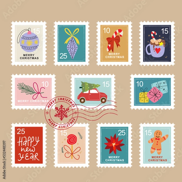 Obraz Hand drawn christmas postage stamp collection.