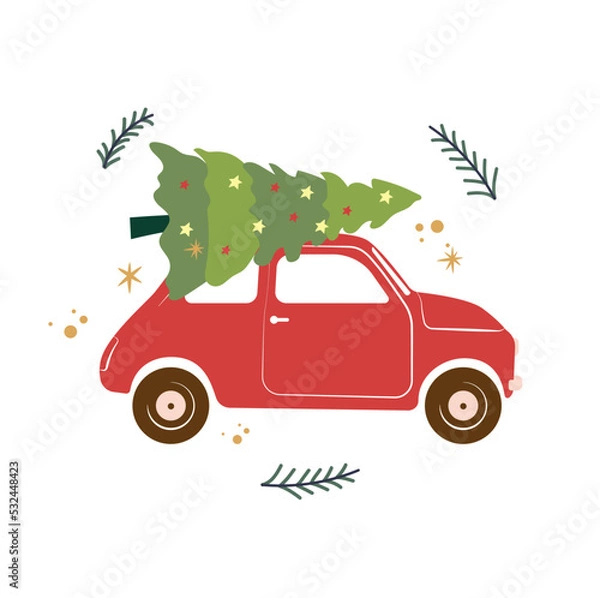 Fototapeta Vector illustration of a retro red car with christmas tree on the top