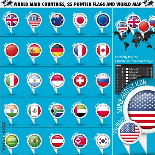 Fototapeta Round Pointer Flags world top 25 states set1