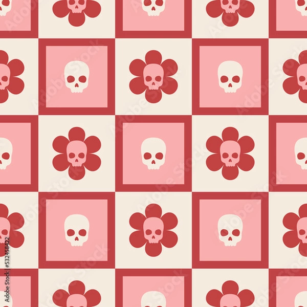 Fototapeta Seamless vector halloween pattern. Pattern with skull and flower in retro groovy style