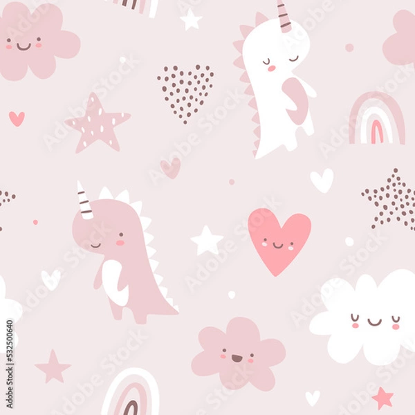 Fototapeta Cute scandinavian baby pattern with unicorn dino. Seamless vector pink print for girls fabric.
