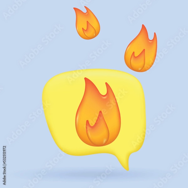Fototapeta 3d social media notification fire like flame icon in yellow pin isolated on blue background with 3D rendering. Vector illustration