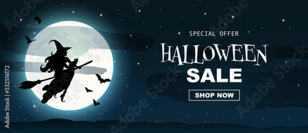 Fototapeta Halloween promo sale banner. Silhouette of a witch flying on a broomstick across full moon, bats, clouds. Template for vouchers, offers, coupons, holiday sales, Halloween discounts