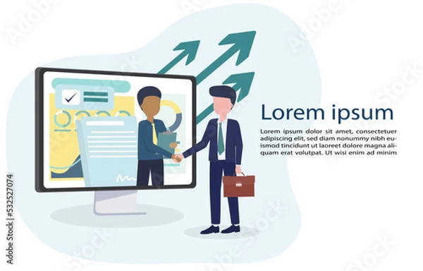 Fototapeta Online business idea. Two business partners shaking hands on a laptop computer screen. Online agreement, digital agreement Collaboration via the Internet. Vector illustration Eps10.