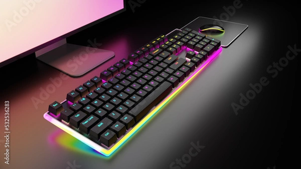 Fototapeta Gaming mechanical keyboard light led with mouse and monitor on black table. 3D illustration rendering image.