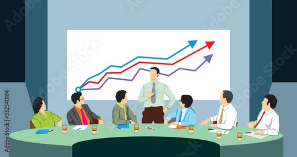 Fototapeta business team with graph, meeting in the office discussing good job prospects