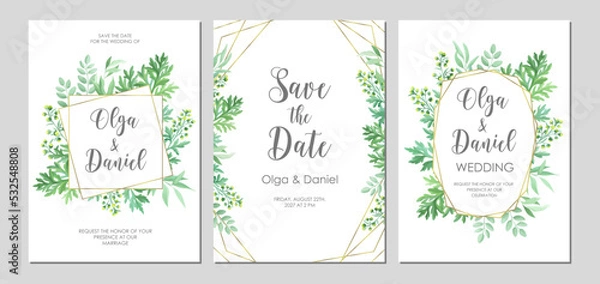 Fototapeta Greenery wedding invitation template. Invite card with place for text. Floral frame with sagebrush and wild herbs. Vector illustration.
