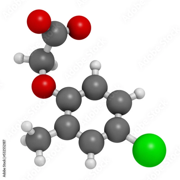 Fototapeta MCPA (2-methyl-4-chlorophenoxyacetic acid) herbicide molecule, 3D rendering.