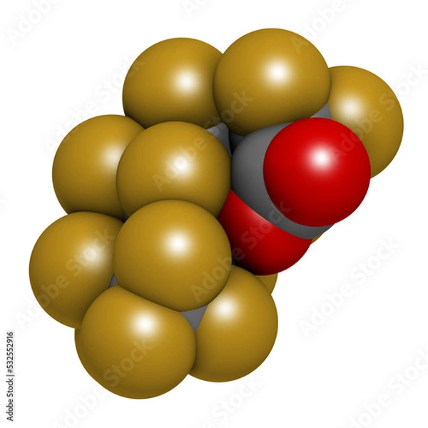 Fototapeta Perfluorooctanoic acid (PFOA, perfluorooctanoate) carcinogenic pollutant molecule, 3D rendering.