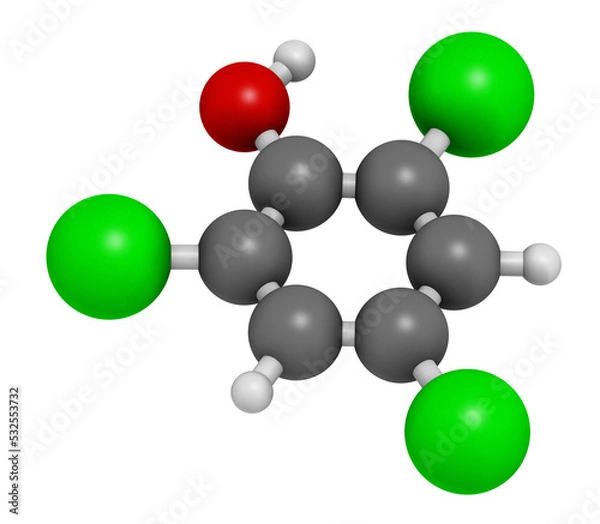Obraz Trichlorophenol (TCP, 2,4,6-trichlorophenol) molecule, 3D rendering.