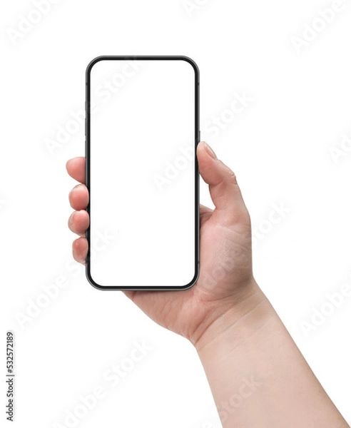 Obraz Woman hand holding smart phone with blank screen isolated on white. Template, mockup, filetype .png