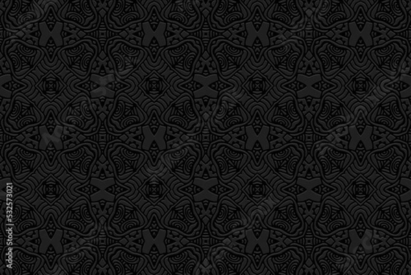Fototapeta Embossed black background, ethnic cover design. Geometric 3D pattern, press paper, handmade, creative boho style. Tribal ornamental motifs of the East, Asia, India, Mexico, Aztecs, Peru.