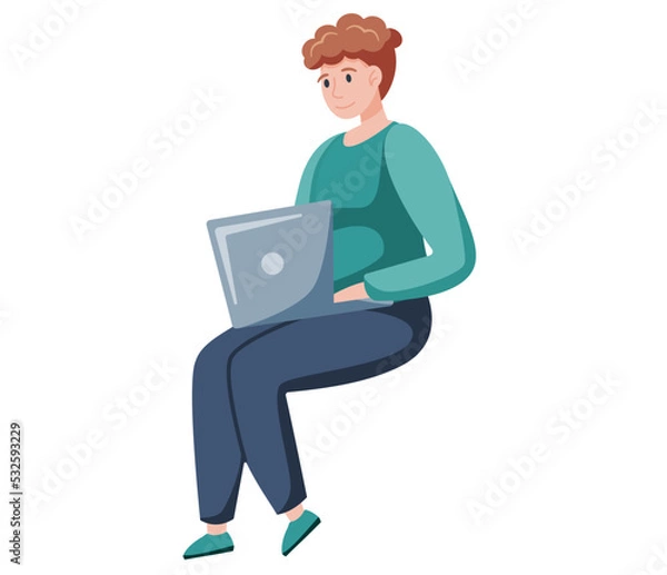 Fototapeta Young woman using laptop computer sitting in lotus pose with crossed legs isolated vector. Student working on tablet pc while sitting at home. Freelancer or office woman working remotely with computer
