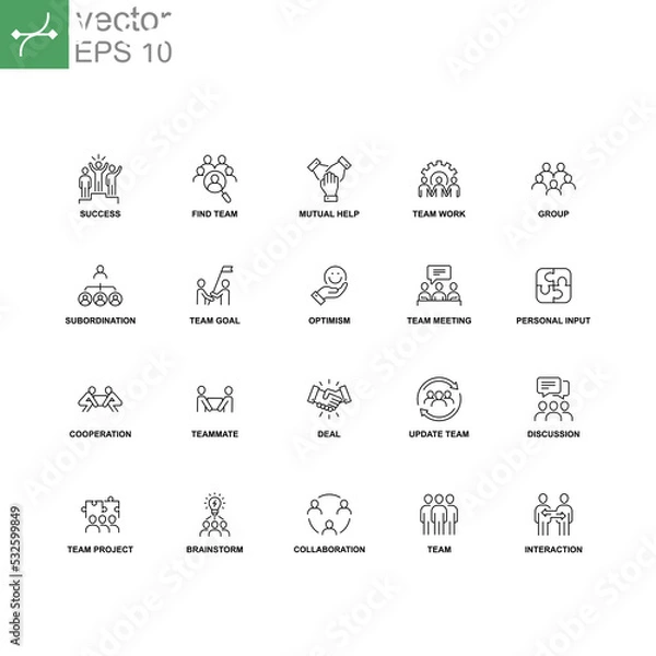 Fototapeta Teamwork signage set for business project include group, team, Collaboration, discussion, etc. Simple set of team work related vector line icons. Vector illustration. Design on white background. EPS10