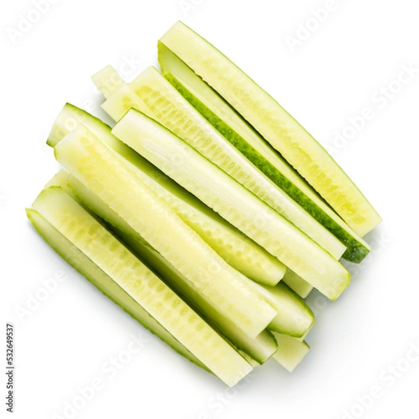Fototapeta top view of pile vegetable of cucumber chopped stripes isolated on white background, concept of healthy eating