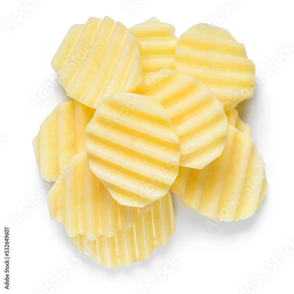 Fototapeta top view of potato vegetables fluted cut isolated on white background, concept vegan food