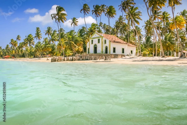 Obraz Carneiros idyllic beach with Chapel church at sunny day, in Northeastern Brazil