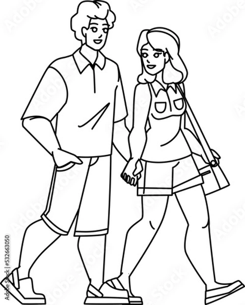 Fototapeta couple park line pencil drawing vector. happy nature, woman man lifestyle, outdoors people, love family, young adult couple park character. people Illustration