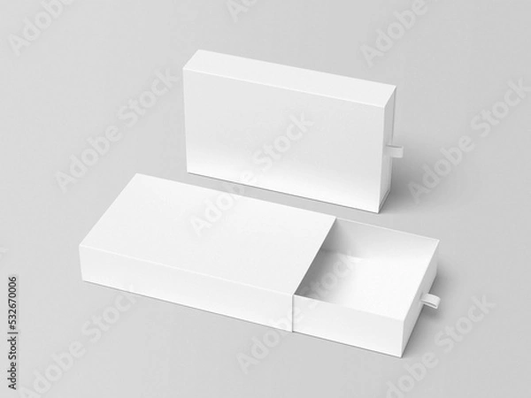 Obraz Two sliding drawer box packaging mockups. 3D illustration object. Perspective view.