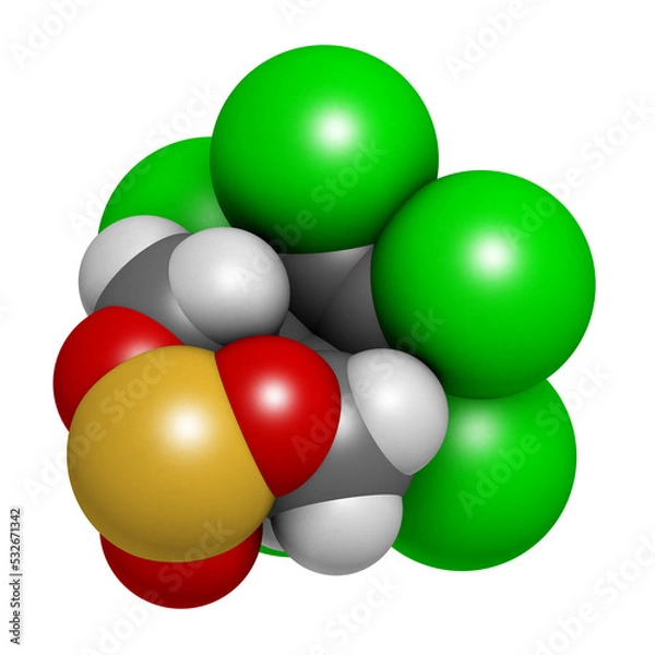 Obraz Endosulfan insecticide molecule. Banned in many countries due to toxicity. 3D rendering. Atoms are represented as spheres with conventional color coding