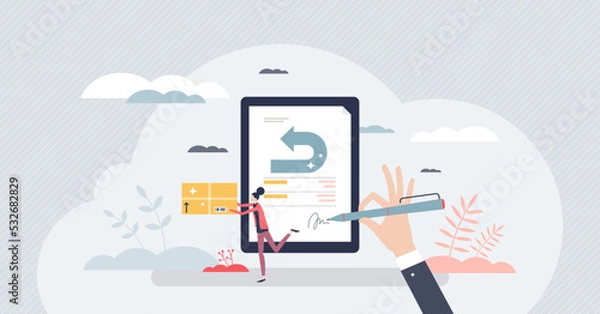 Fototapeta Return policy and send package back to get money refund tiny person concept. Shopping purchase compensation after customer guarantee terms vector illustration. Store receipt for unwanted product.