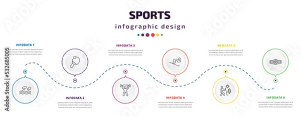 Fototapeta sports infographic element with icons and 6 step or option. sports icons such as swimming, table tennis, exercise gym, skiing down hill, adventure, boxer with belt vector. can be used for banner,