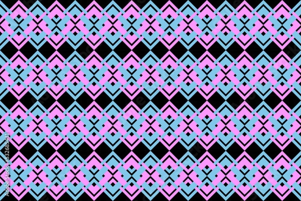 Fototapeta Linear geometric seamless pattern. Geometrical line diamond square in pink blue (pastel) on black background. Vector illustration.