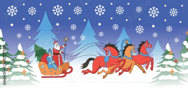 Fototapeta Three horses. Russian Santa Claus standing on a sleigh with Granddaughter snow maiden. Vector illustration on a white background. Retro style.