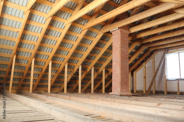Fototapeta Roof frame covered by profiled metal sheet and brick chimney