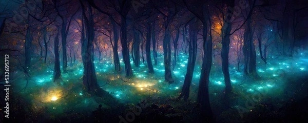 Fototapeta Magical  forest landscape with glowing lights in the darkness, purple, blue and dark brown background, Generative AI