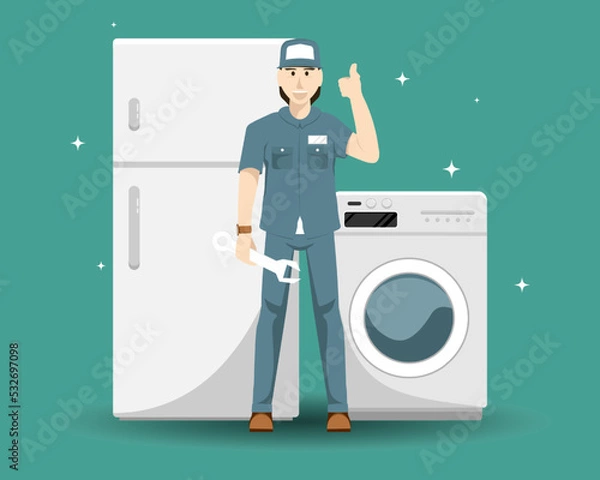Obraz Cartoon vector illustration, Home appliance repair technician service with washing machine, refrigerator elements.