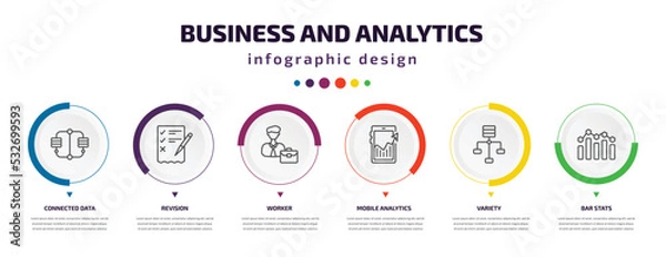 Fototapeta business and analytics infographic element with icons and 6 step or option. business and analytics icons such as connected data, revision, worker, mobile analytics, variety, bar stats vector. can be